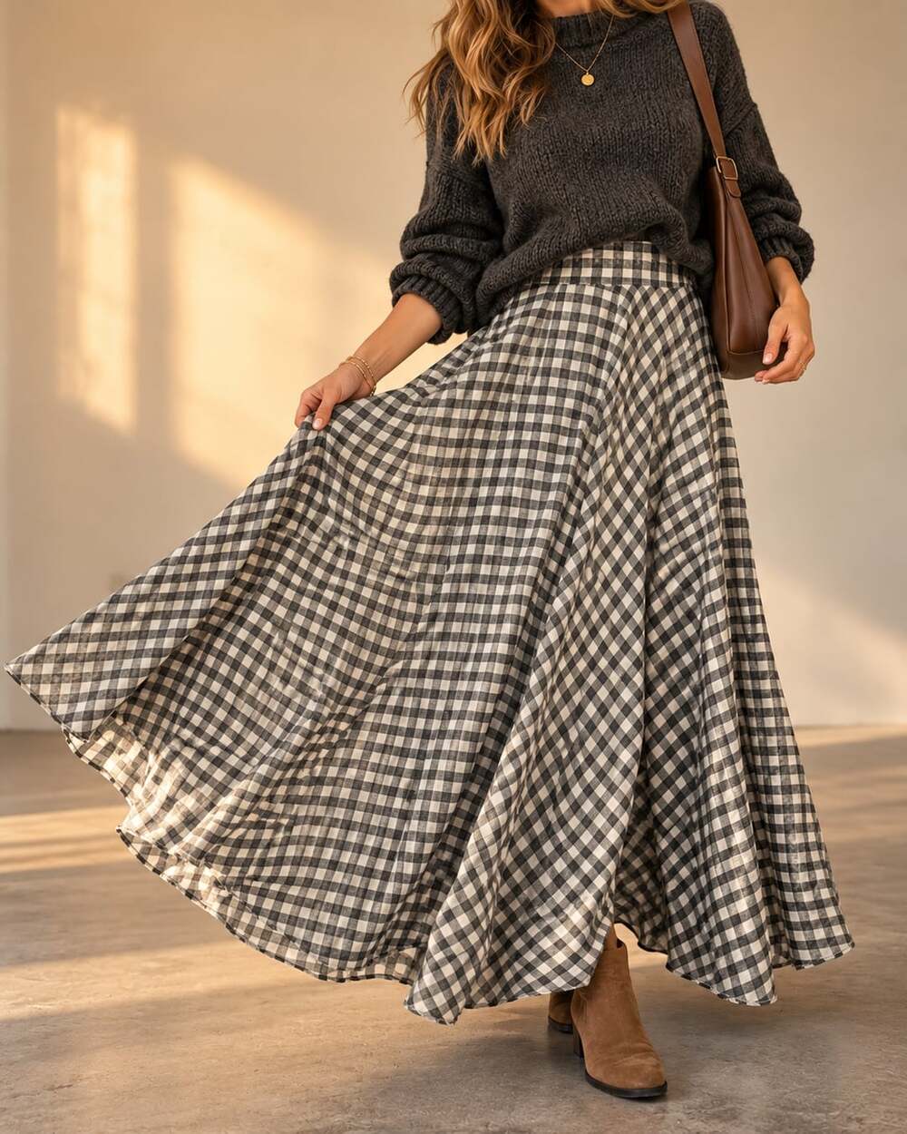 Max Studio London M Gingham Maxi Skirt Gray Ivory Cottagecore Prairie Check